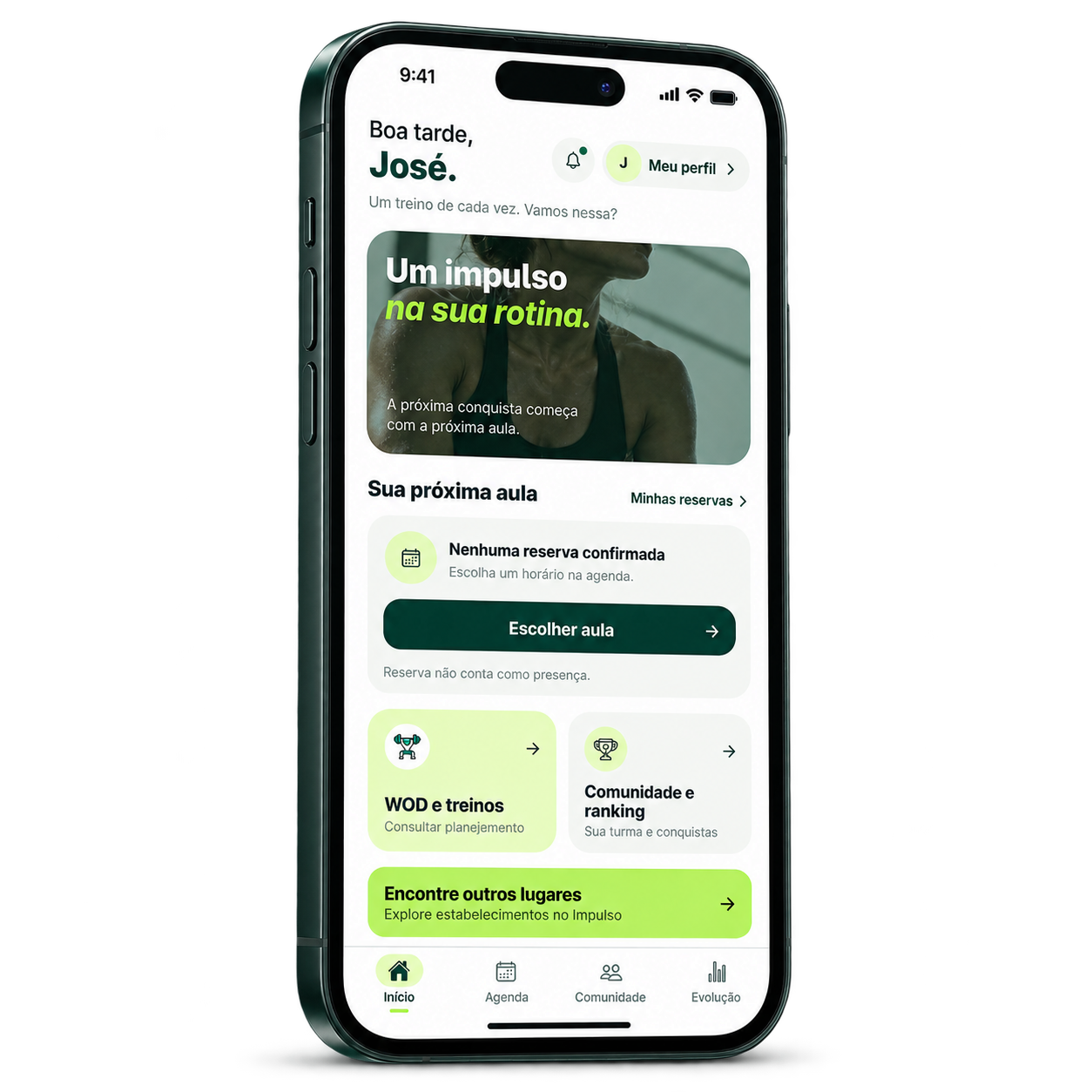 Mockup do Impulso em um smartphone, com a tela inicial enviada: próxima aula, reservas, treinos e comunidade.